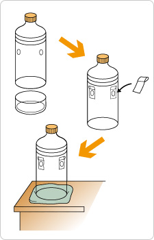ペットボトルの底を切り取り、さらに検知管を差し込むための穴を開けます。(2箇所)