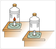 ろうそく立てにろうそくを取りつけ、火をつけ、ペットボトルをかぶせ、上から押して動かないように固定し、ろうそくの火が消えるのを待ちます。