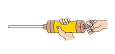 With the handle fully pushed in, align both of the guide marks (red line + triangle) on the pump and the handle.