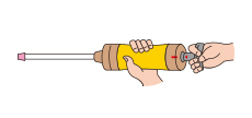 With the handle fully pushed in, align both of the guide marks (red line + triangle) on the pump and the handle.